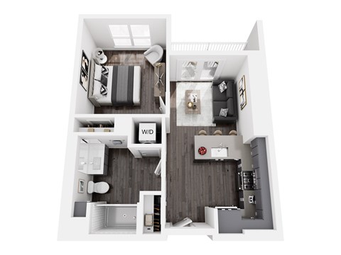 A top down view of a small apartment with a bedroom, living room, and kitchen.